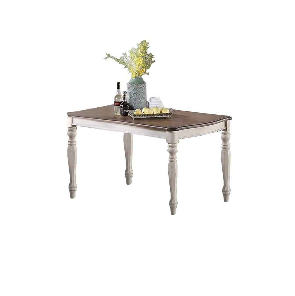 Rectangular dining table with dark wood top and distressed white legs