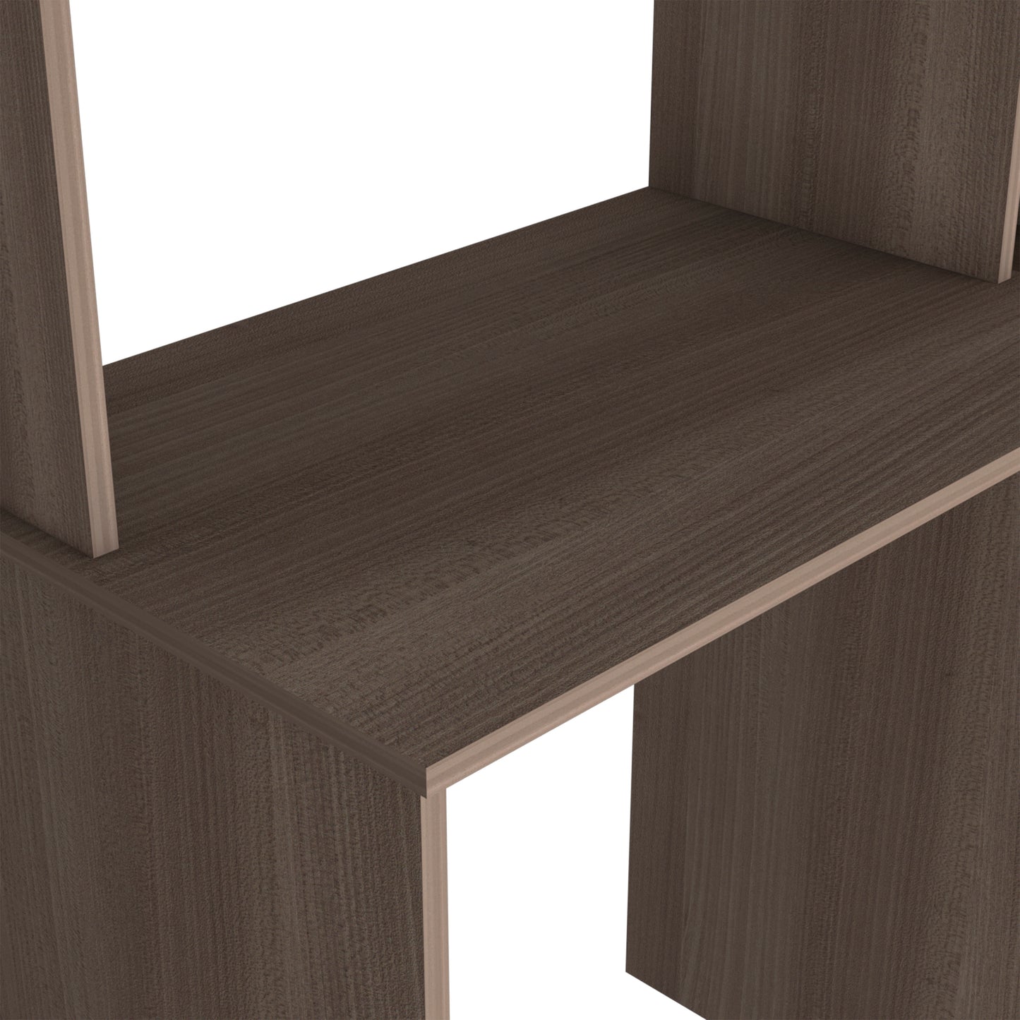 Dark wood grain shelf detail with light wood trim perfect for modern shelving units