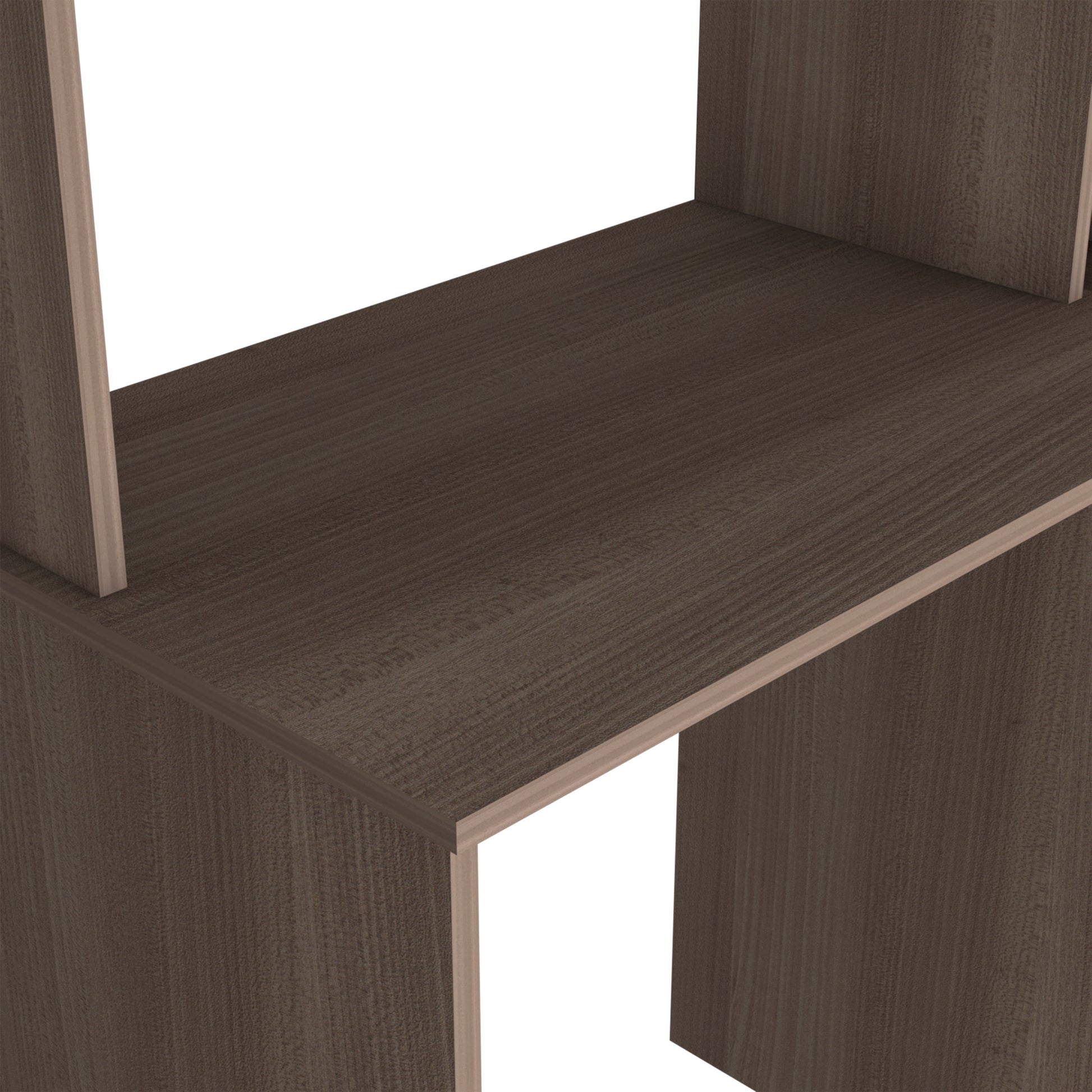 Dark wood grain shelf detail with light wood trim perfect for modern shelving units