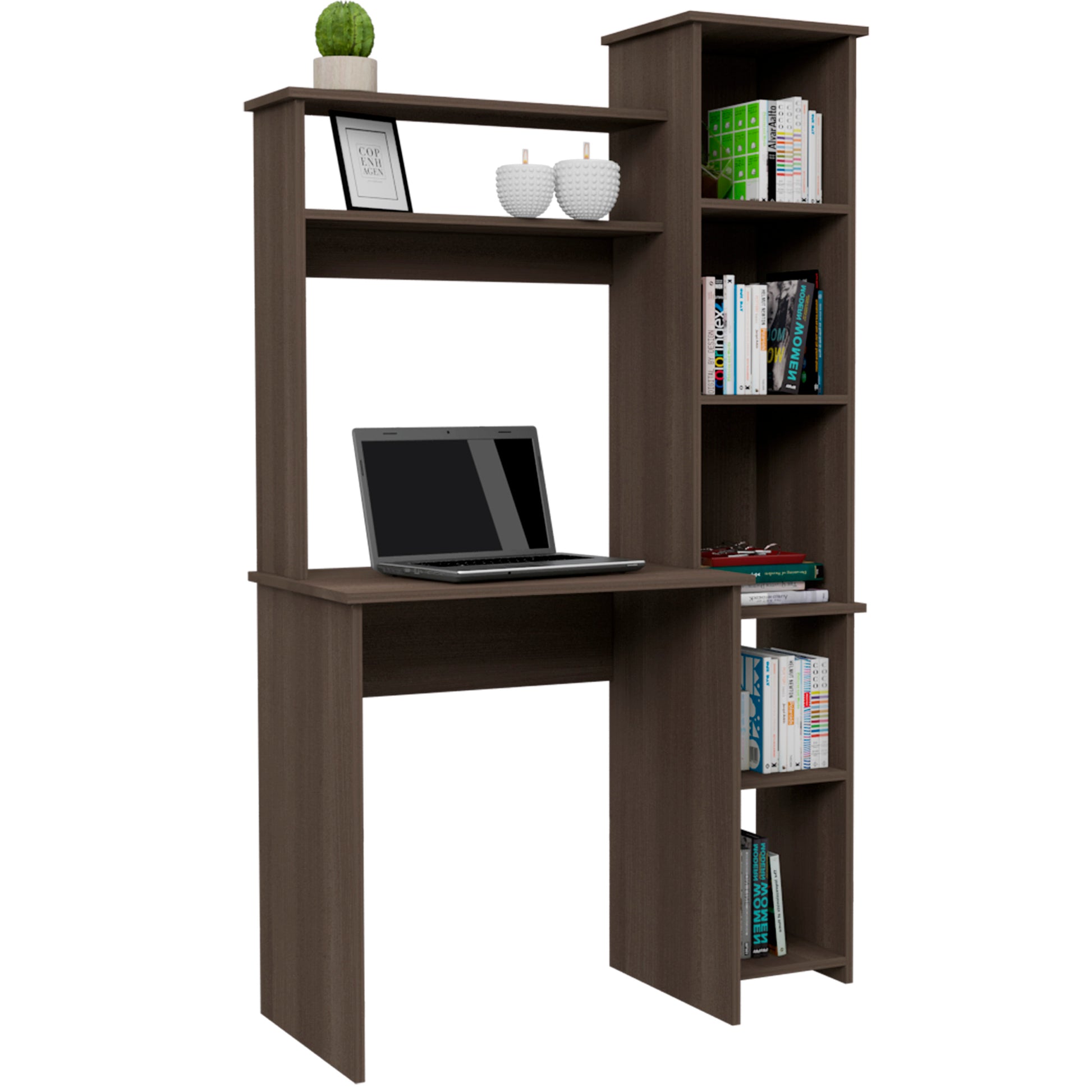 Dark brown wooden computer desk with hutch and bookshelf