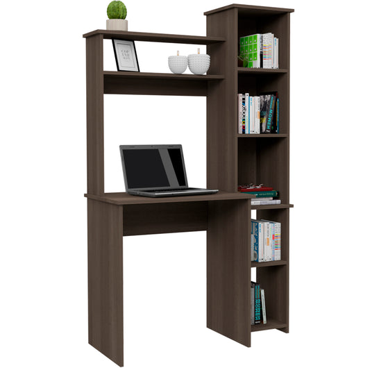 Dark brown wooden computer desk with hutch and bookshelf