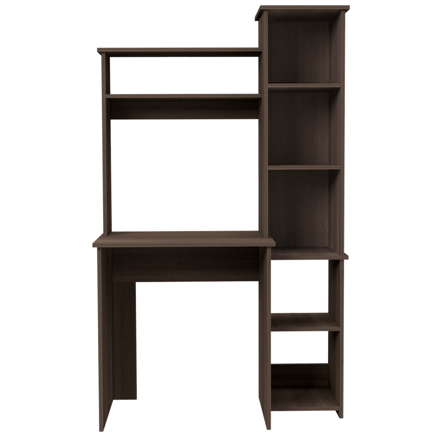 Dark brown computer desk with integrated shelving for efficient workspace organization