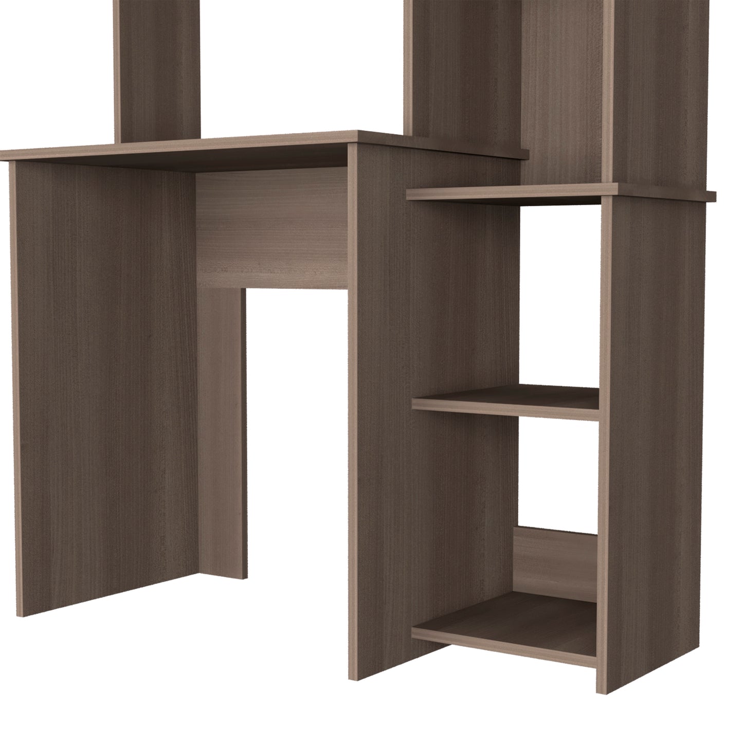 Modern walnut wood desk with integrated shelving for home office