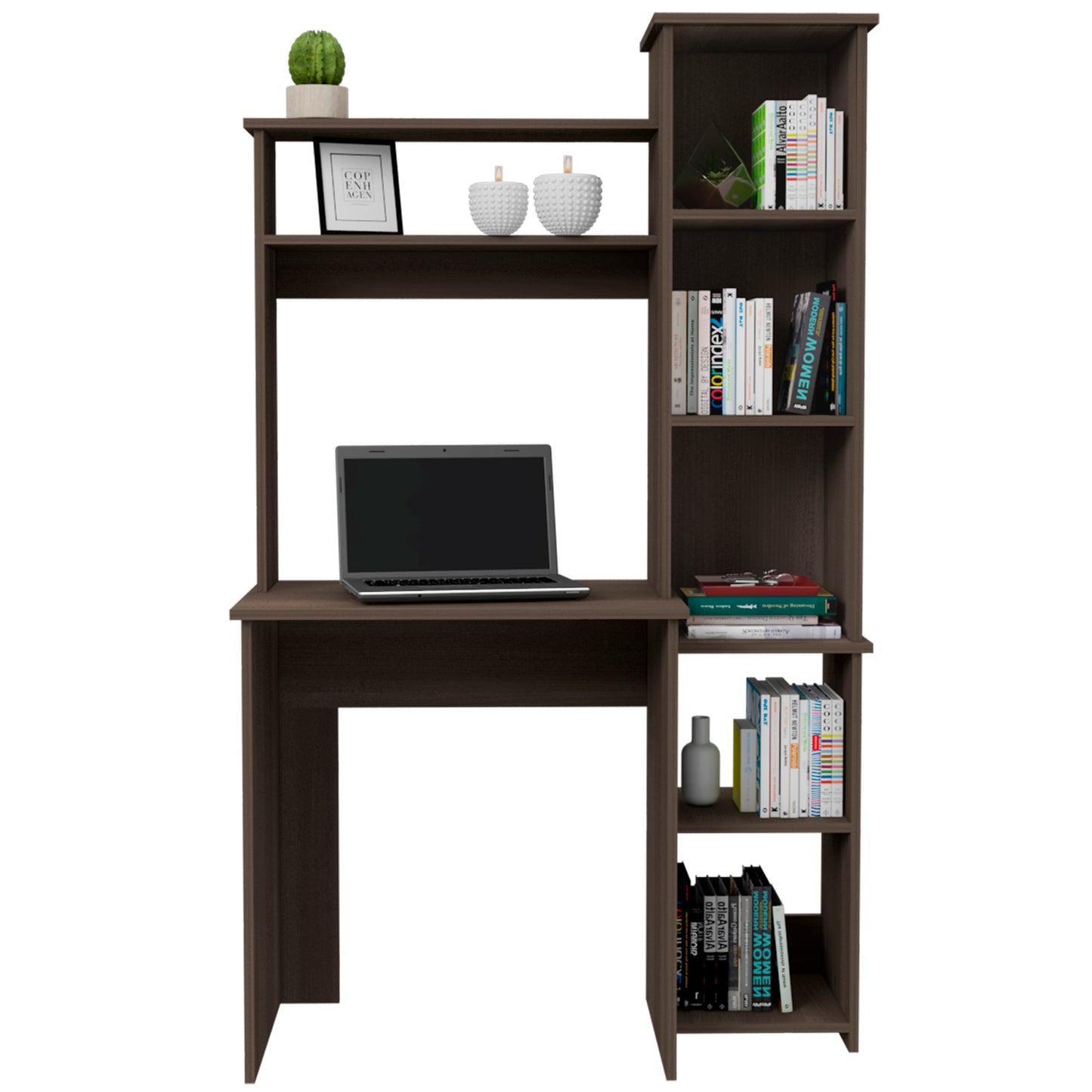 Compact dark brown wooden desk with integrated bookshelf and open laptop