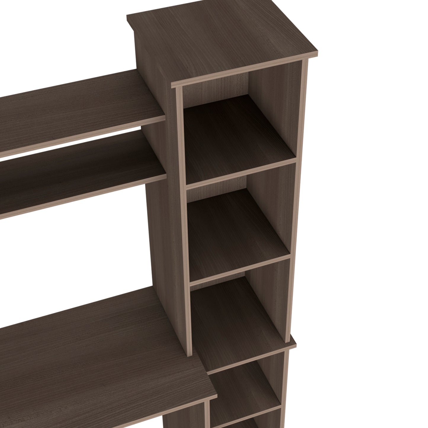 Dark brown particleboard bookshelf with multiple open shelves and wood grain texture