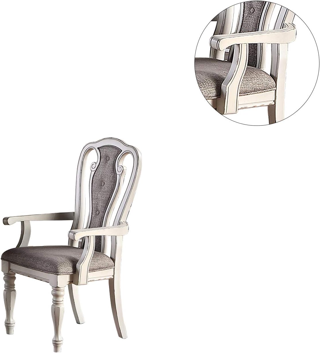 Elegant carved wooden armchair with grey upholstered seat and back