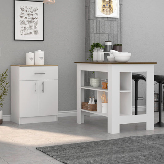 White kitchen island with open shelving and dark wood countertop