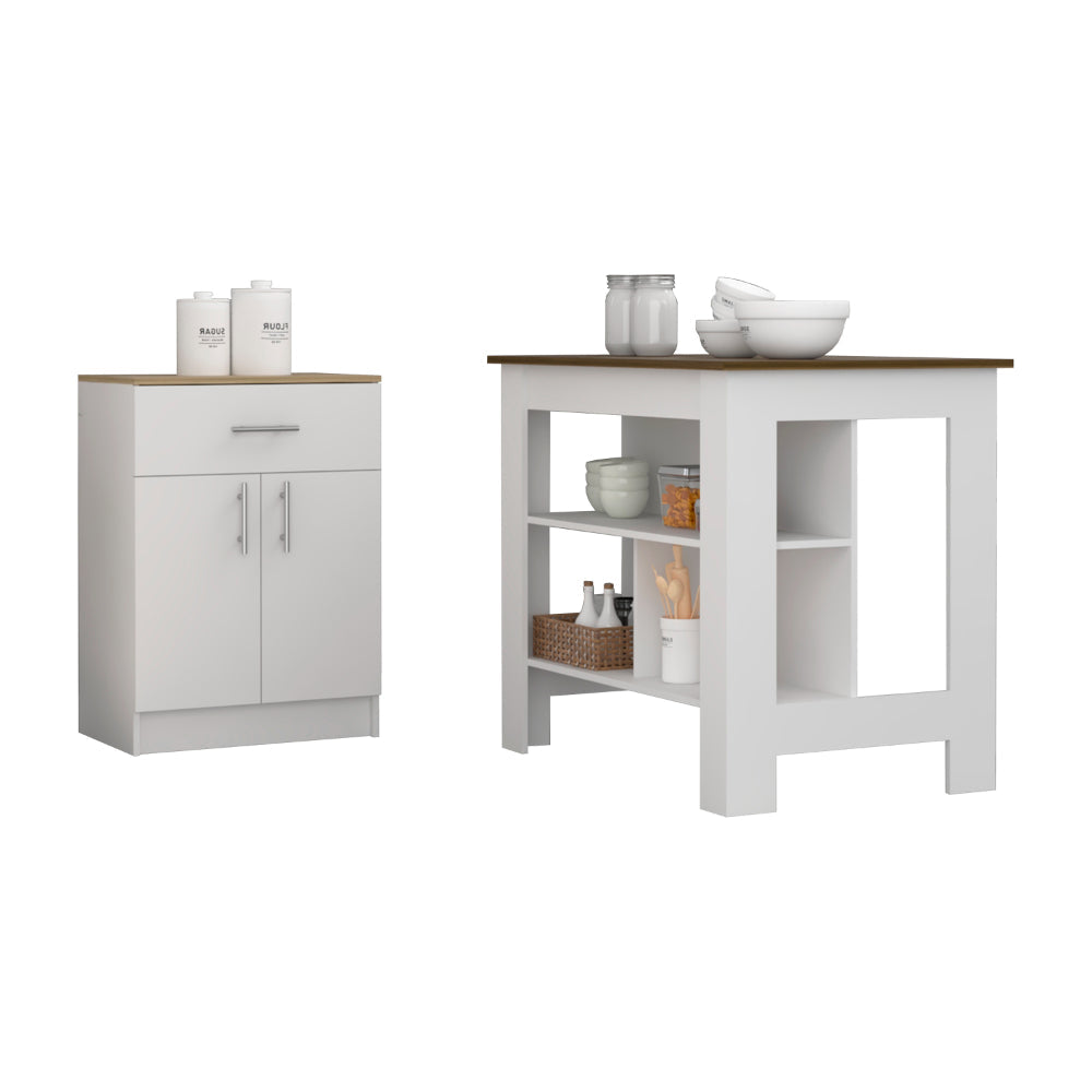 Modern white kitchen island with open shelving and a wooden top