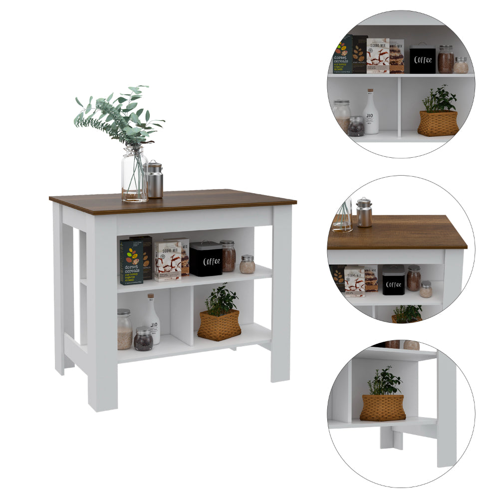 White kitchen island with a rustic wood top featuring open shelves holding coffee cereal and plants