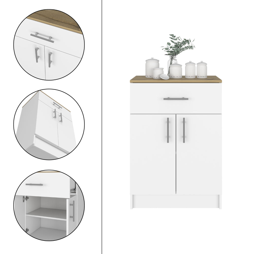 White narrow kitchen cabinet with oakeffect top and silver handles