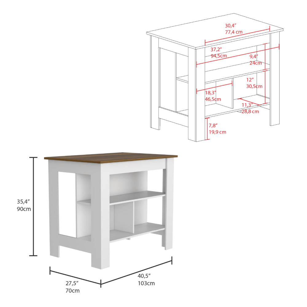 White kitchen island with wood top and open shelving  W