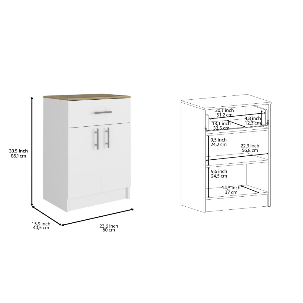 White storage cabinet with a single drawer double doors and a woodgrain top