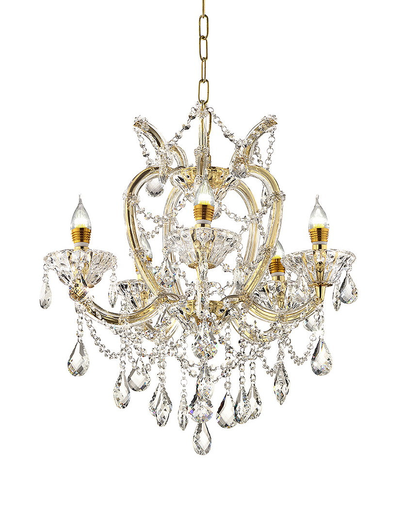 Ornate gold and crystal chandelier with five candelabrastyle lights