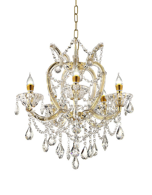 Ornate gold and crystal chandelier with five candelabrastyle lights