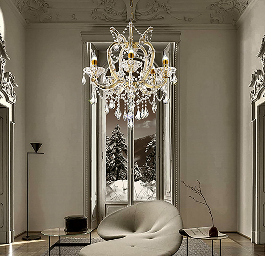 Ornate gold crystal chandelier with warm bulb light elegant home decor