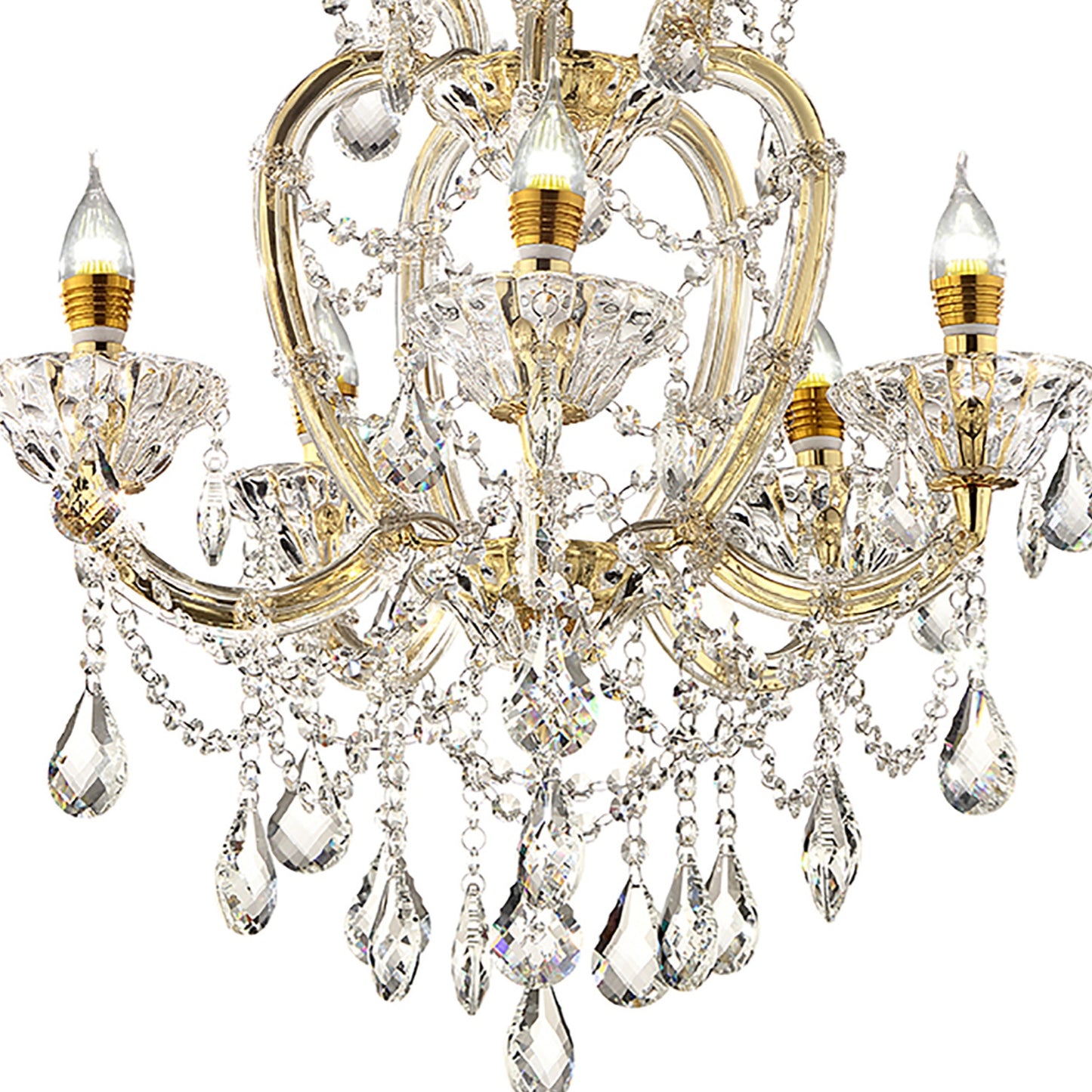 Elegant gold crystal chandelier with cascading teardrop pendants and warm candelabra bulbs
