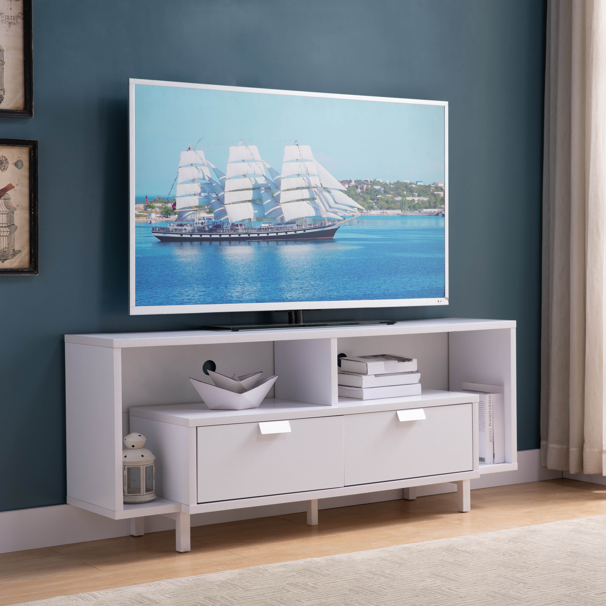 Sleek white media console with drawers and open shelving ideal for modern living rooms