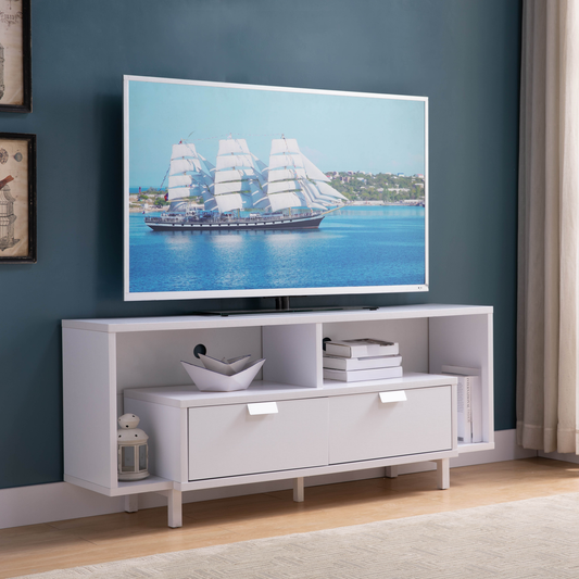 Sleek white media console with drawers and open shelving ideal for modern living rooms