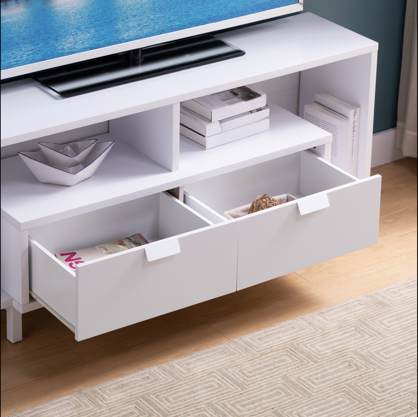 Modern white TV stand with open shelves and two drawers perfect for media consoles