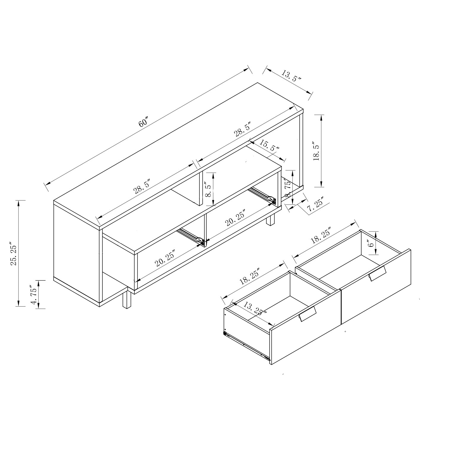 Detailed technical drawing of a inch TV stand with dimensions for drawers and shelves