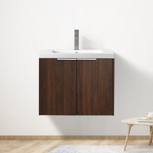 Modern wallmounted bathroom vanity with dark wood finish and integrated white sink