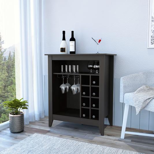 Dark wood bar cabinet with wine rack and hanging glass storage
