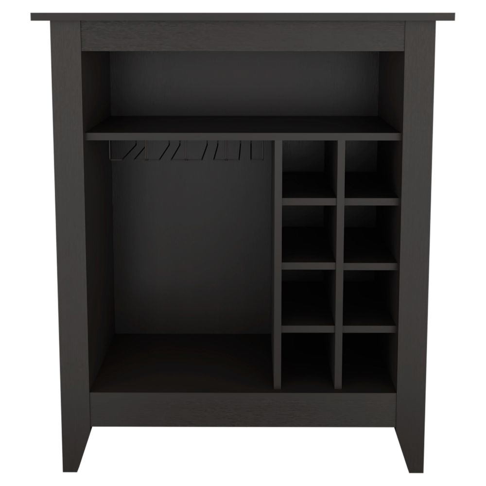 Dark wood bar cabinet with wine rack and glass holder