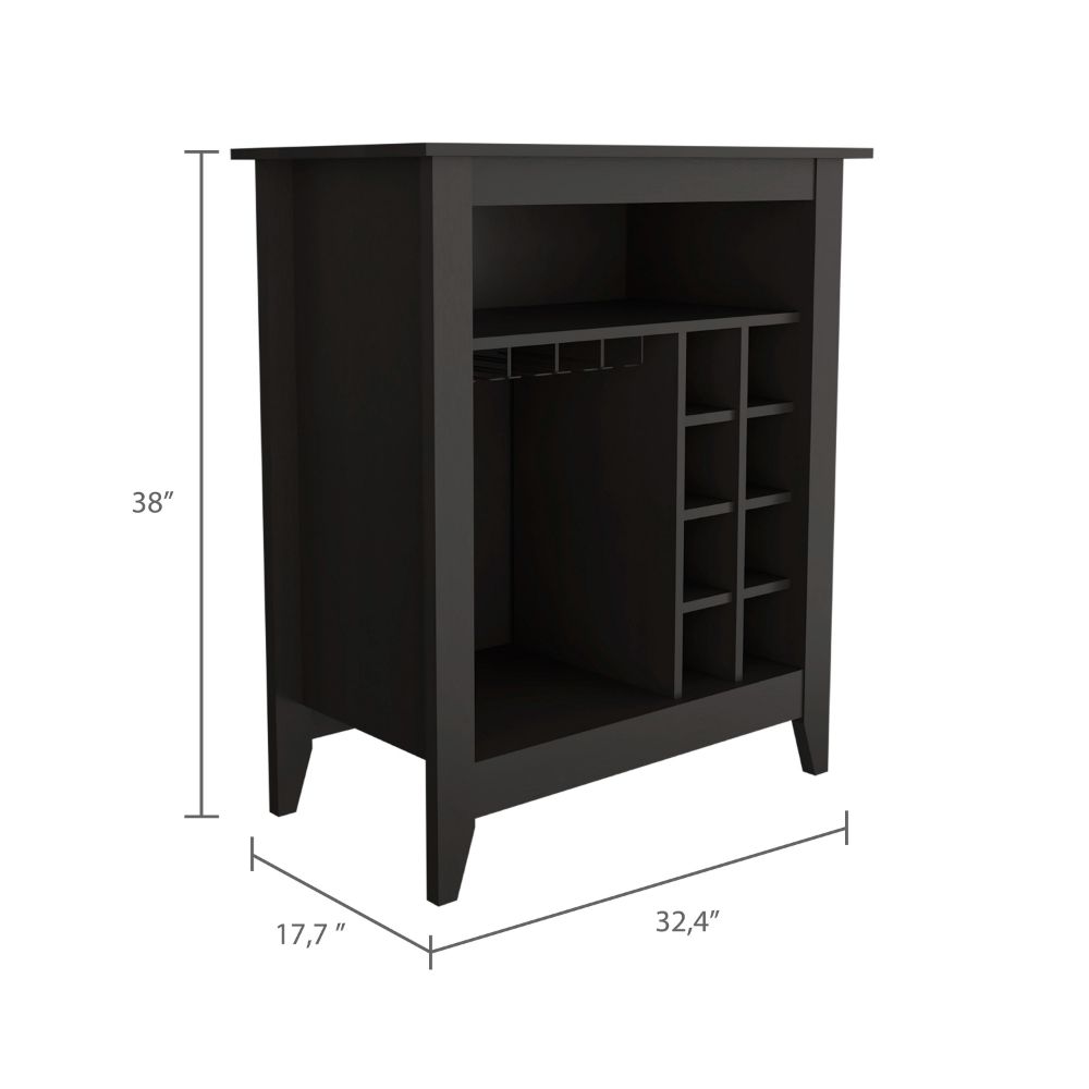 Black wine cabinet with  bottle slots and hanging glass rack
