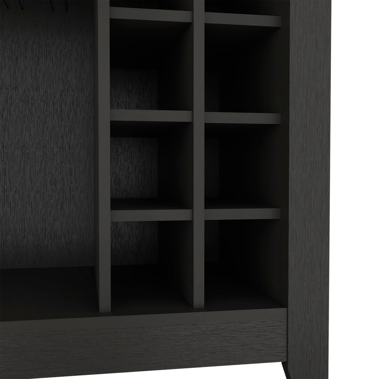Dark wood wine rack with multiple cubbies for bottle storage