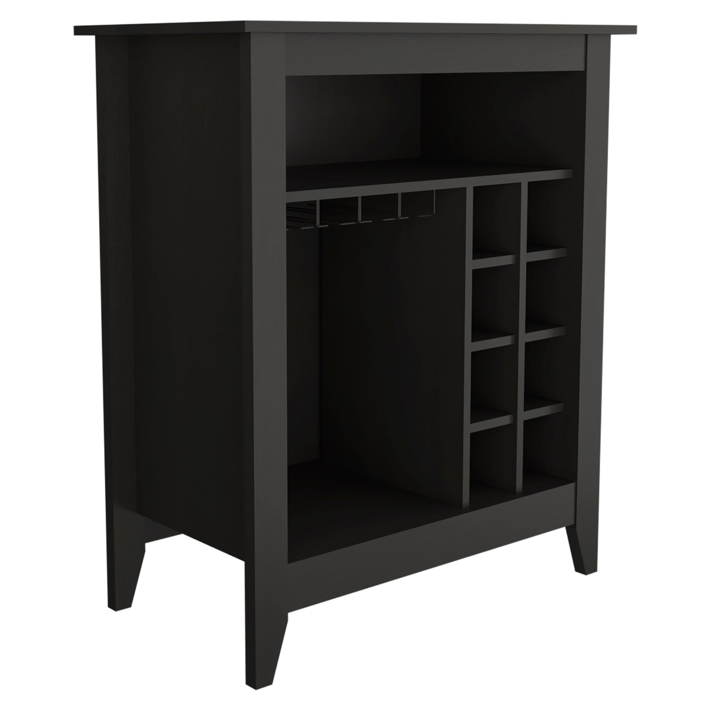 Sleek black bar cabinet with wine racks and glassware storage