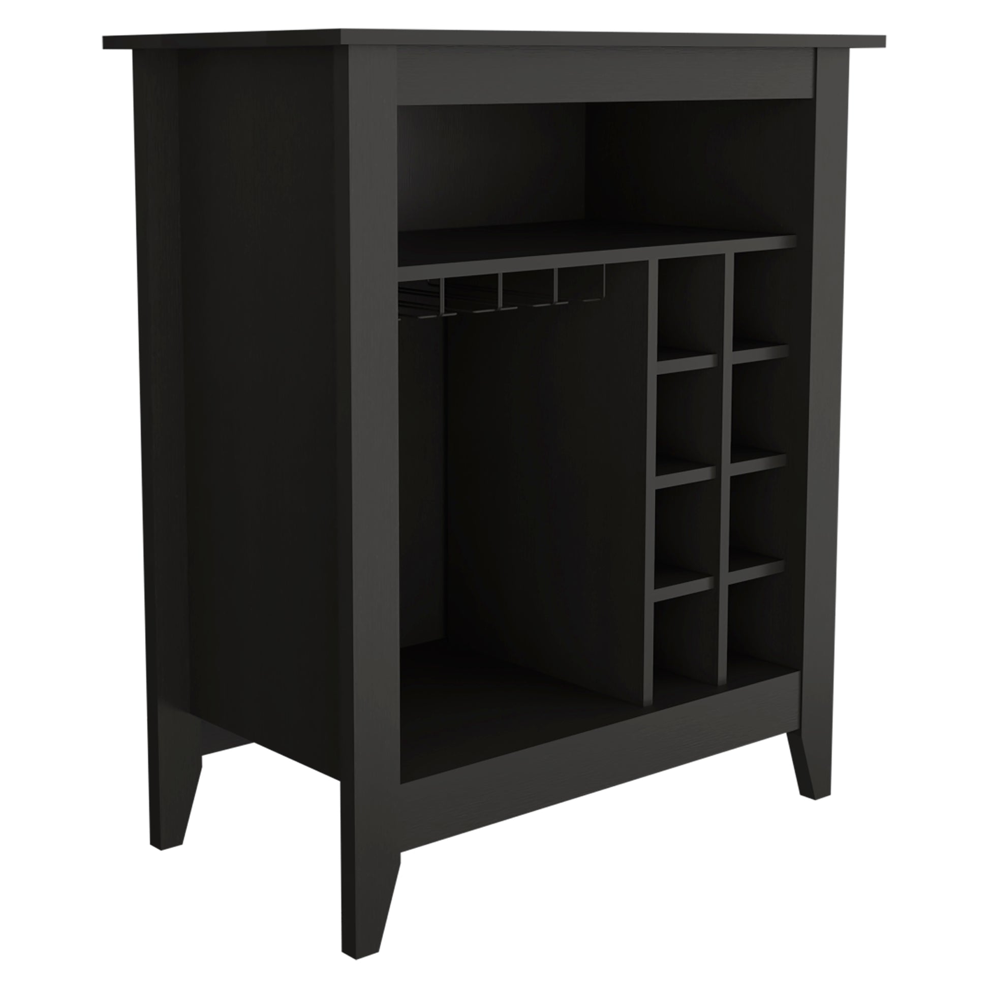 Sleek black bar cabinet with wine racks and glassware storage