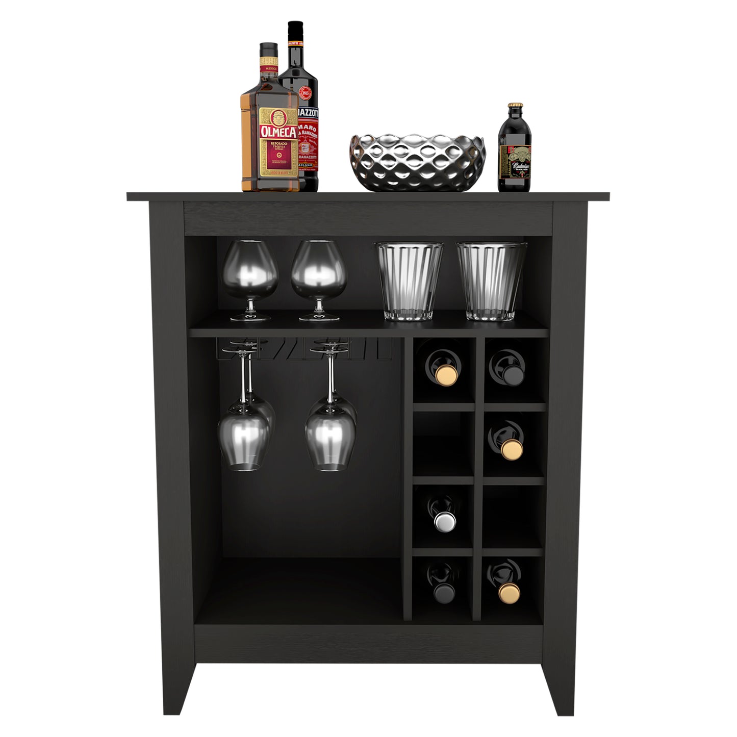 Modern dark wood bar cabinet with wine rack and glassware for home entertaining