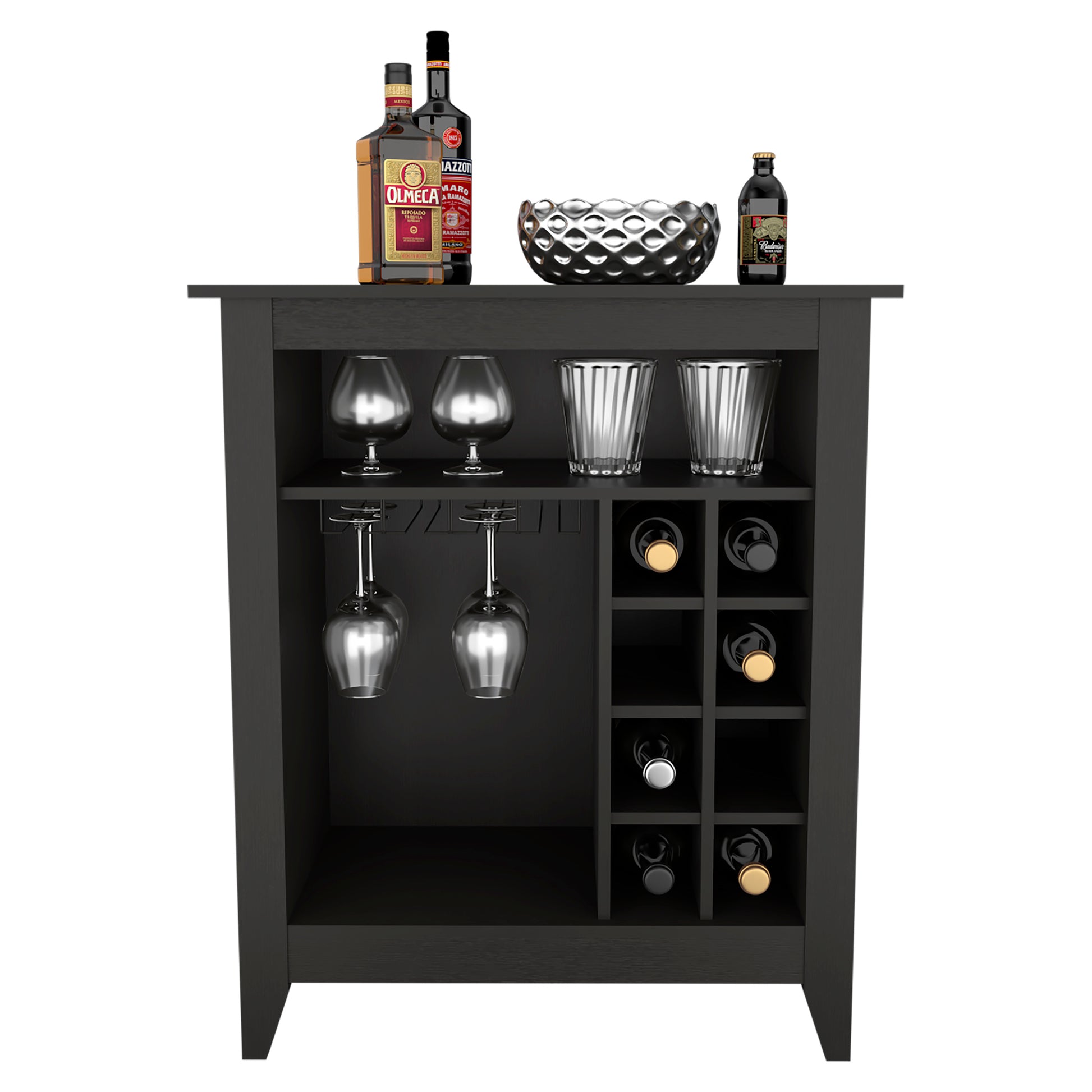 Modern dark wood bar cabinet with wine rack and glassware for home entertaining