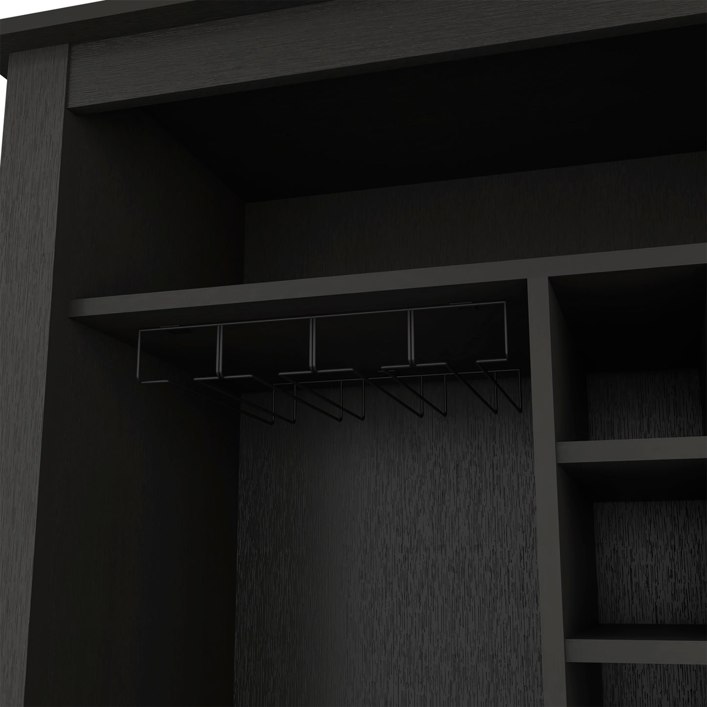 Black wood wine cabinet with integrated glass rack and shelves