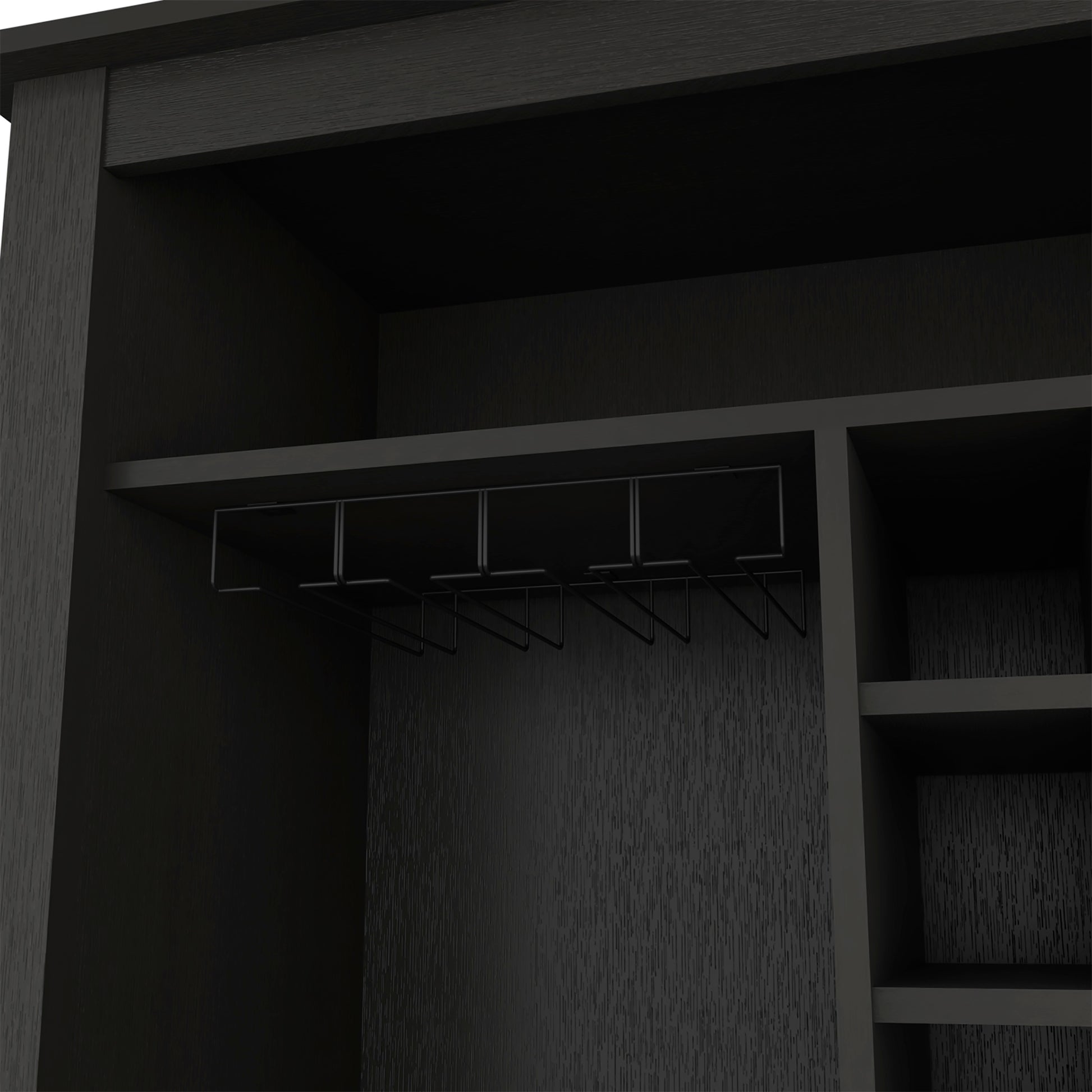 Black wood wine cabinet with integrated glass rack and shelves