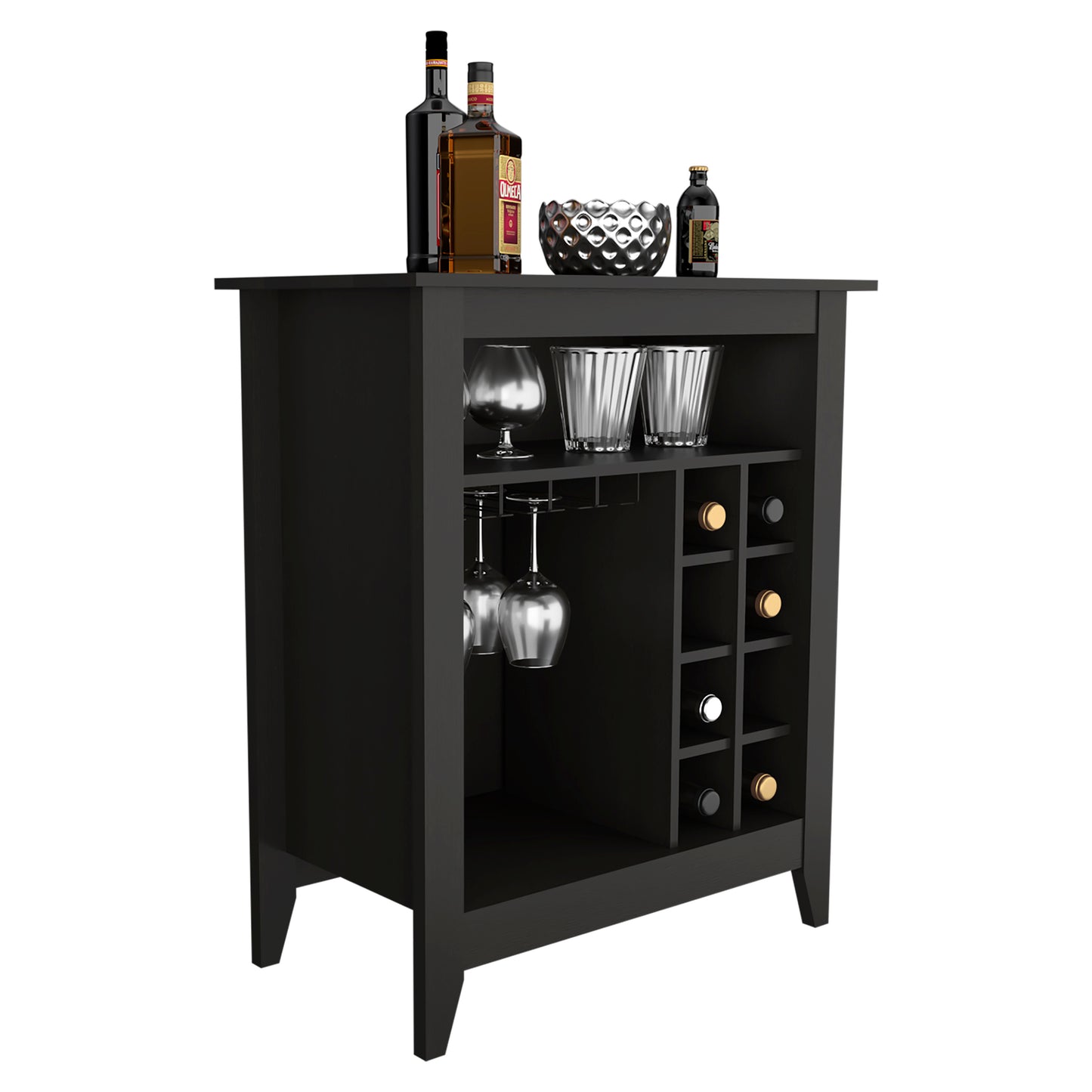 Black wooden bar cabinet with wine rack and glass storage
