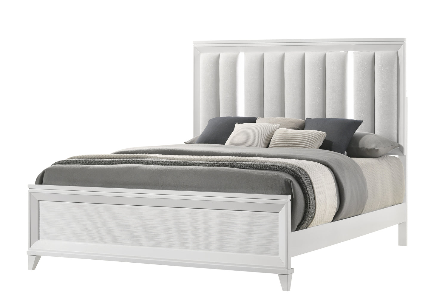 White upholstered platform bed frame with paneled headboard and textured drawer front
