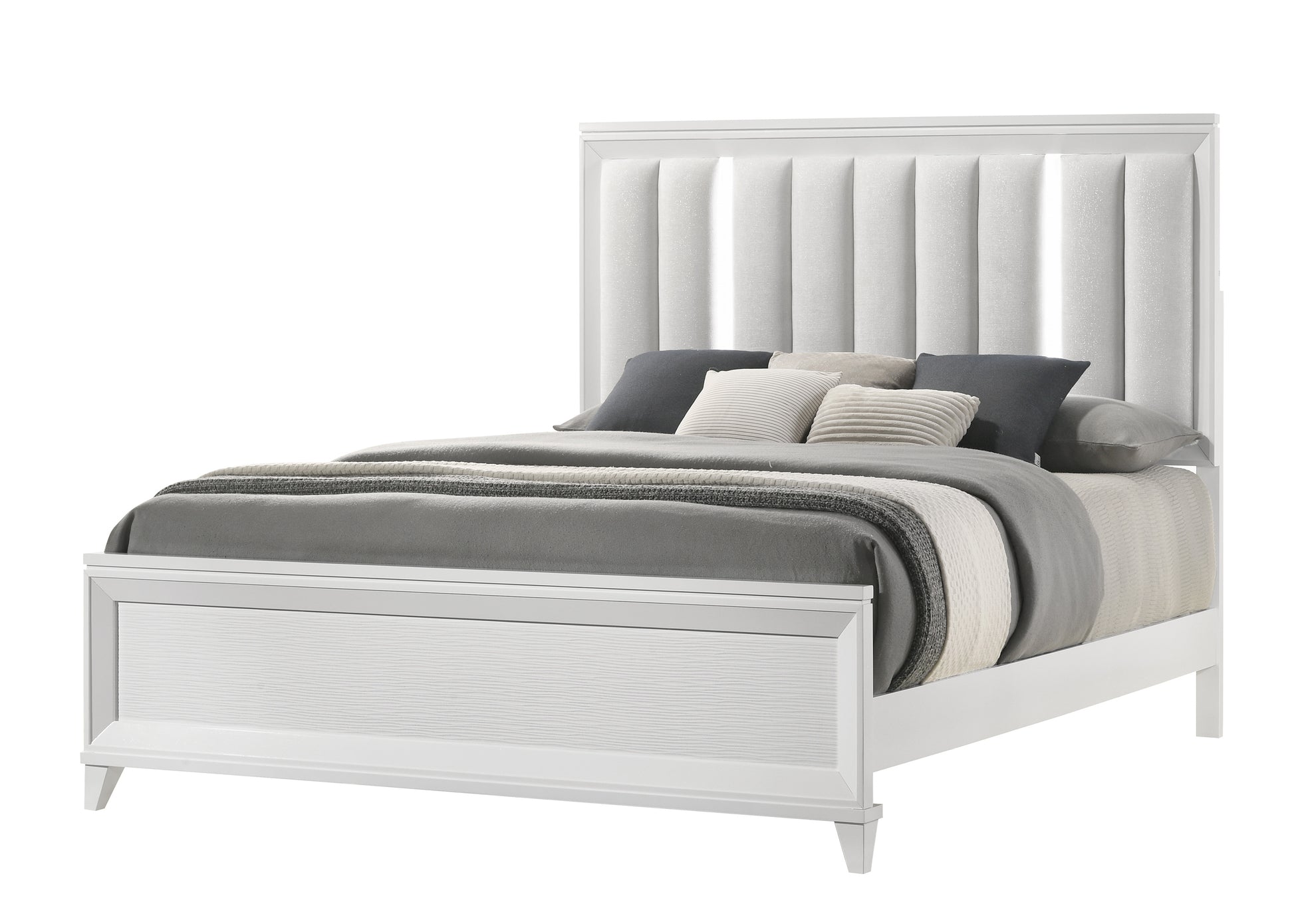 White upholstered platform bed frame with paneled headboard and textured drawer front