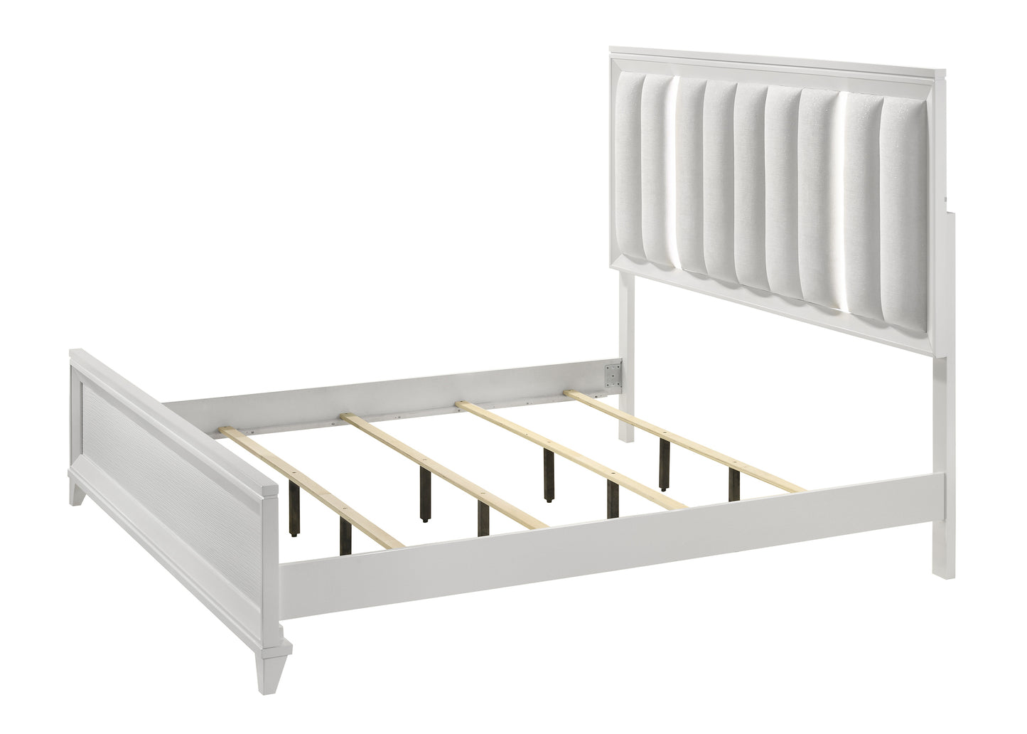 White upholstered bed frame with vertical panel headboard and slatted platform