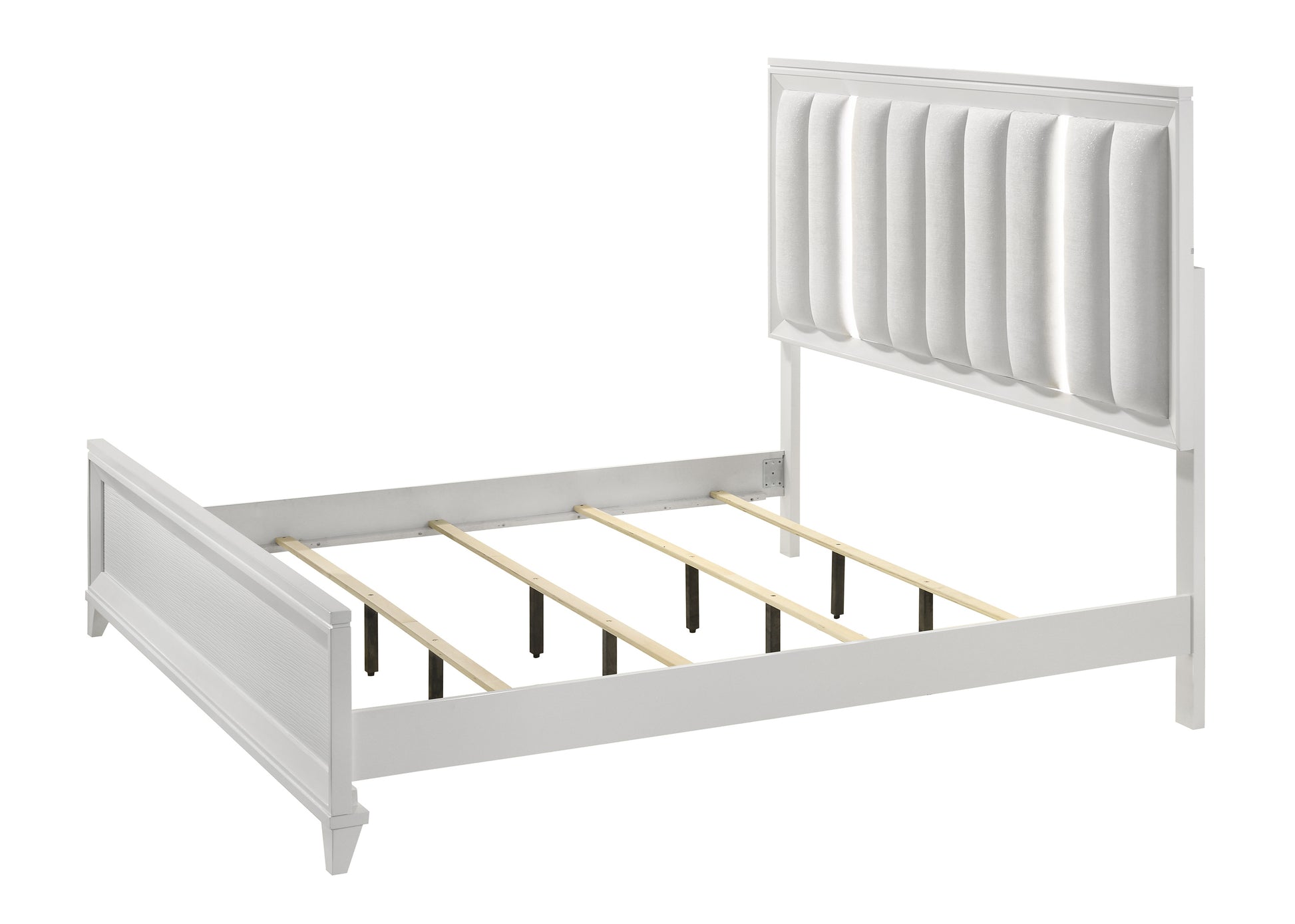 White upholstered bed frame with vertical panel headboard and slatted platform