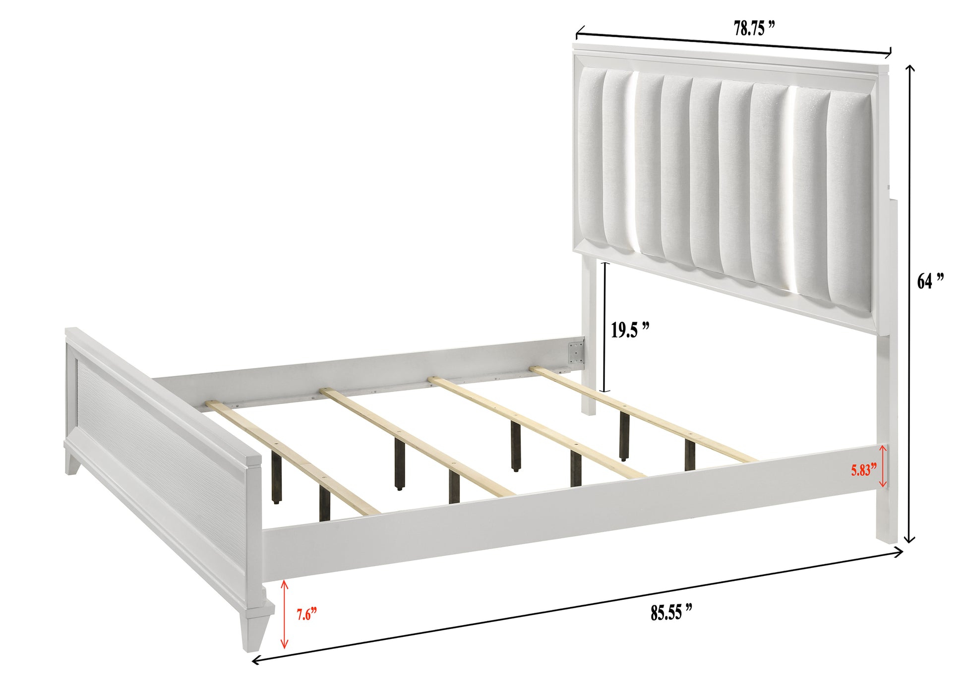 White upholstered headboard bed frame with a contemporary design and wooden slats