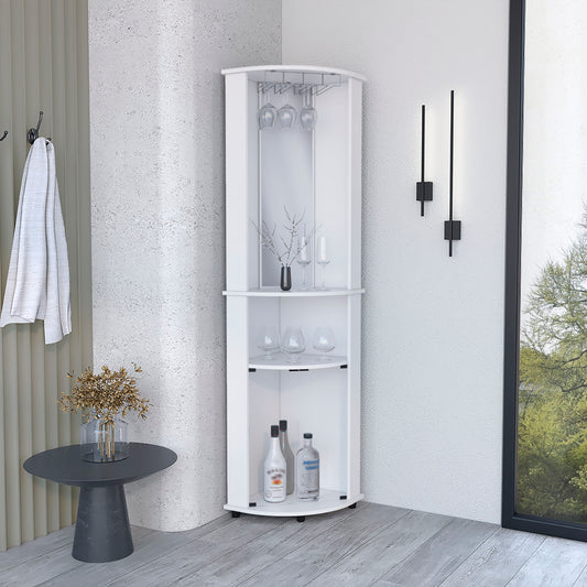 White corner bar cabinet with wine glass rack and mirrored back panel