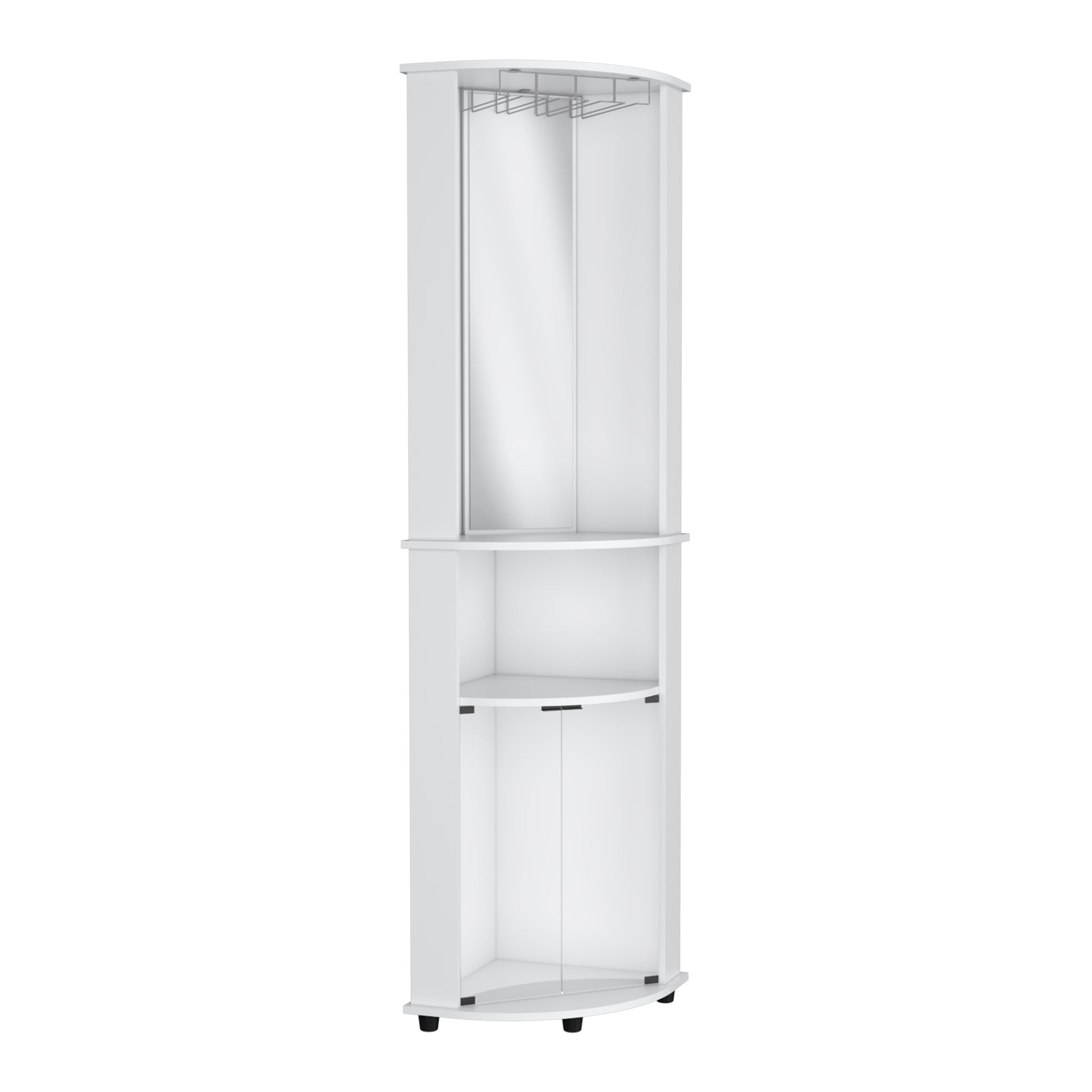 White corner cabinet with a mirrored door and glass shelves for optimal display