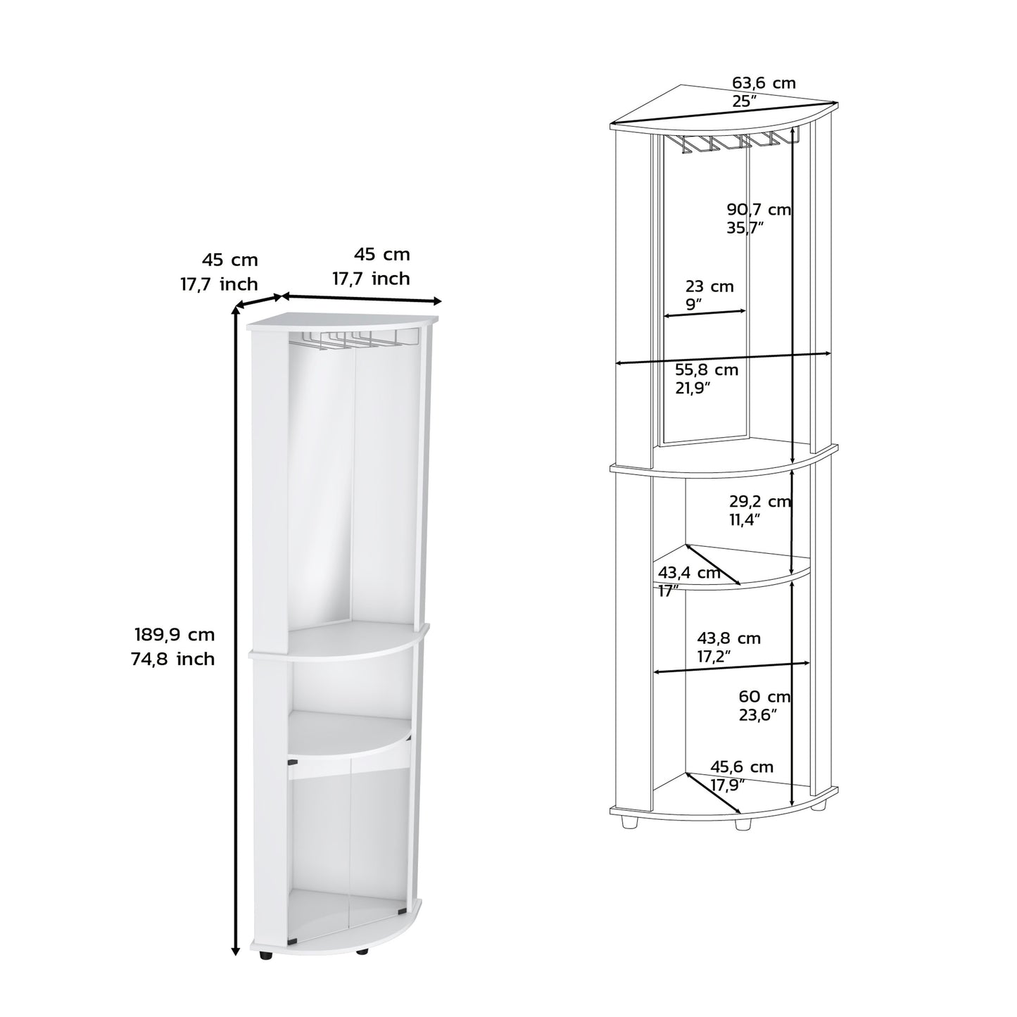 White corner bar cabinet with glass rack and three shelves cm tall