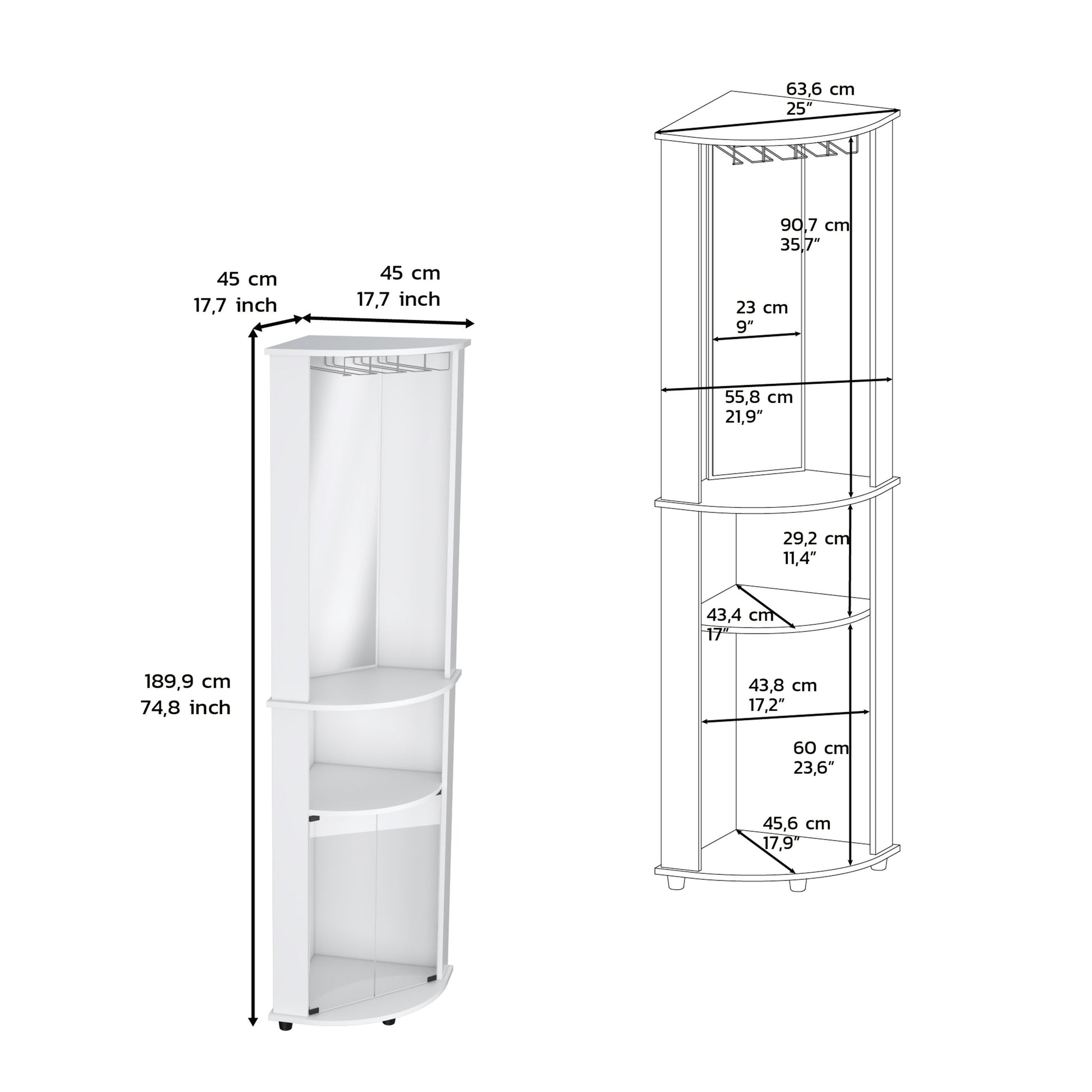 White corner bar cabinet with glass rack and three shelves cm tall