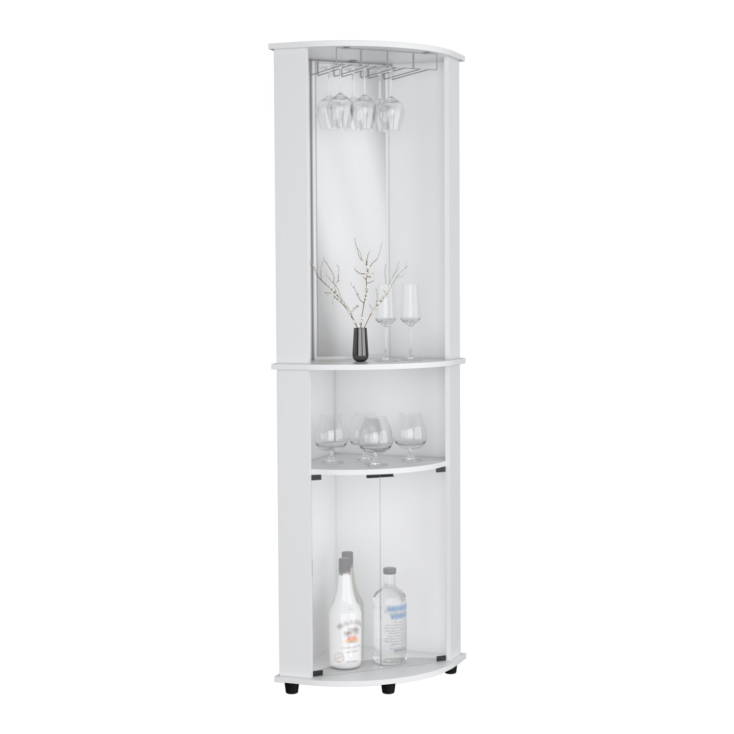White corner bar cabinet with glass rack and shelf for bottles