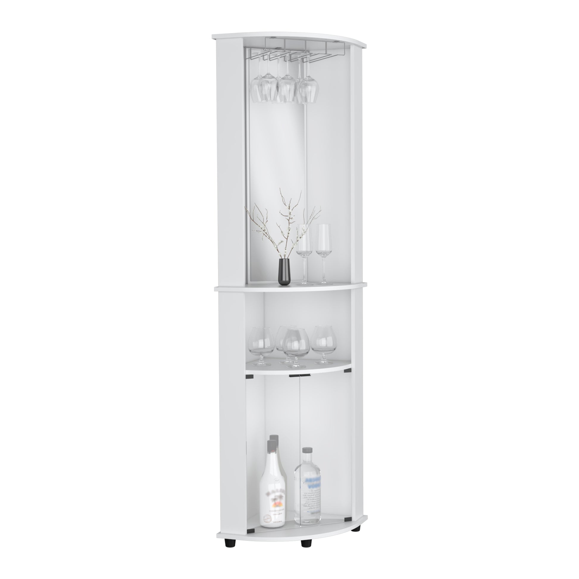 White corner bar cabinet with glass rack and shelf for bottles