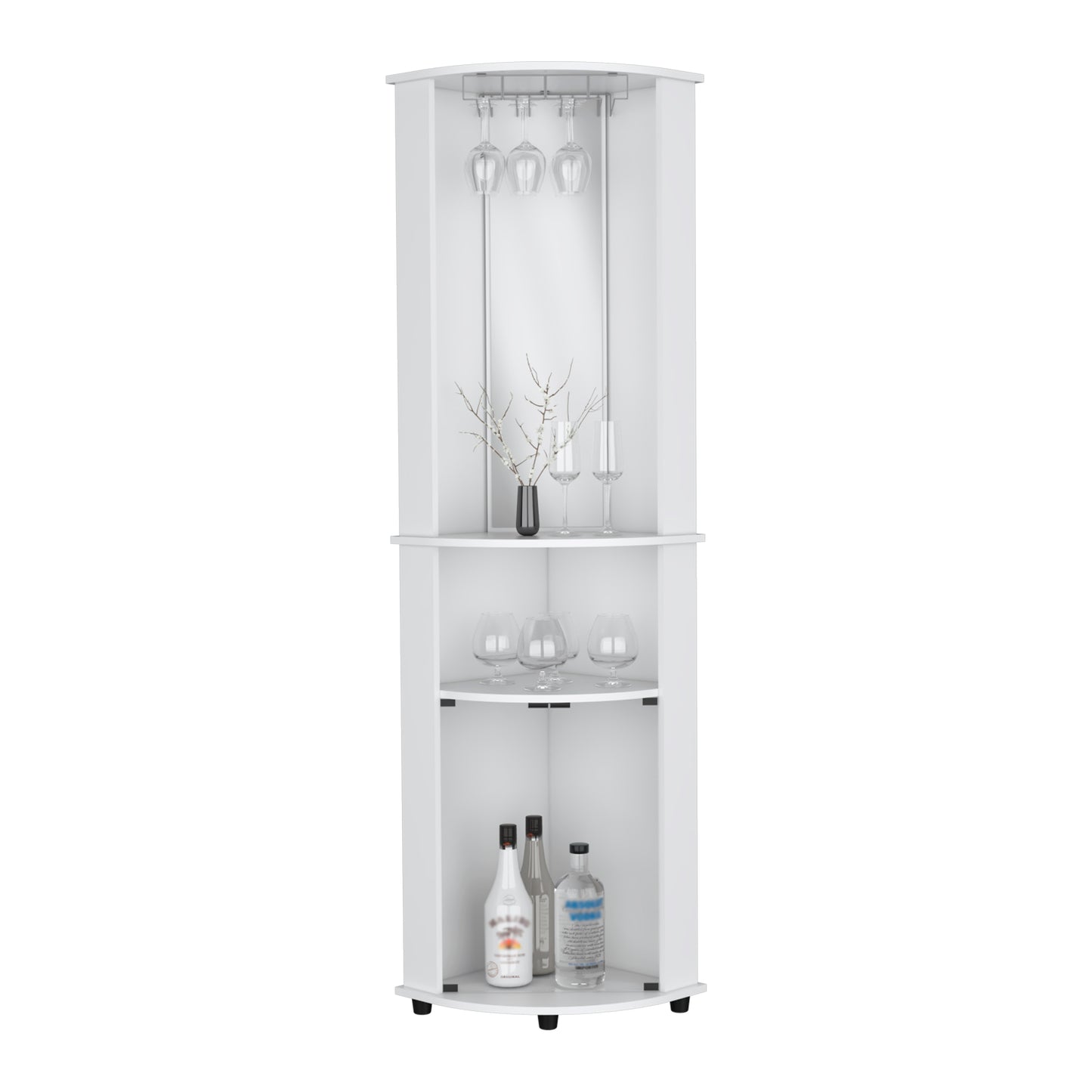 White corner bar cabinet with hanging wine glasses and decorative branches