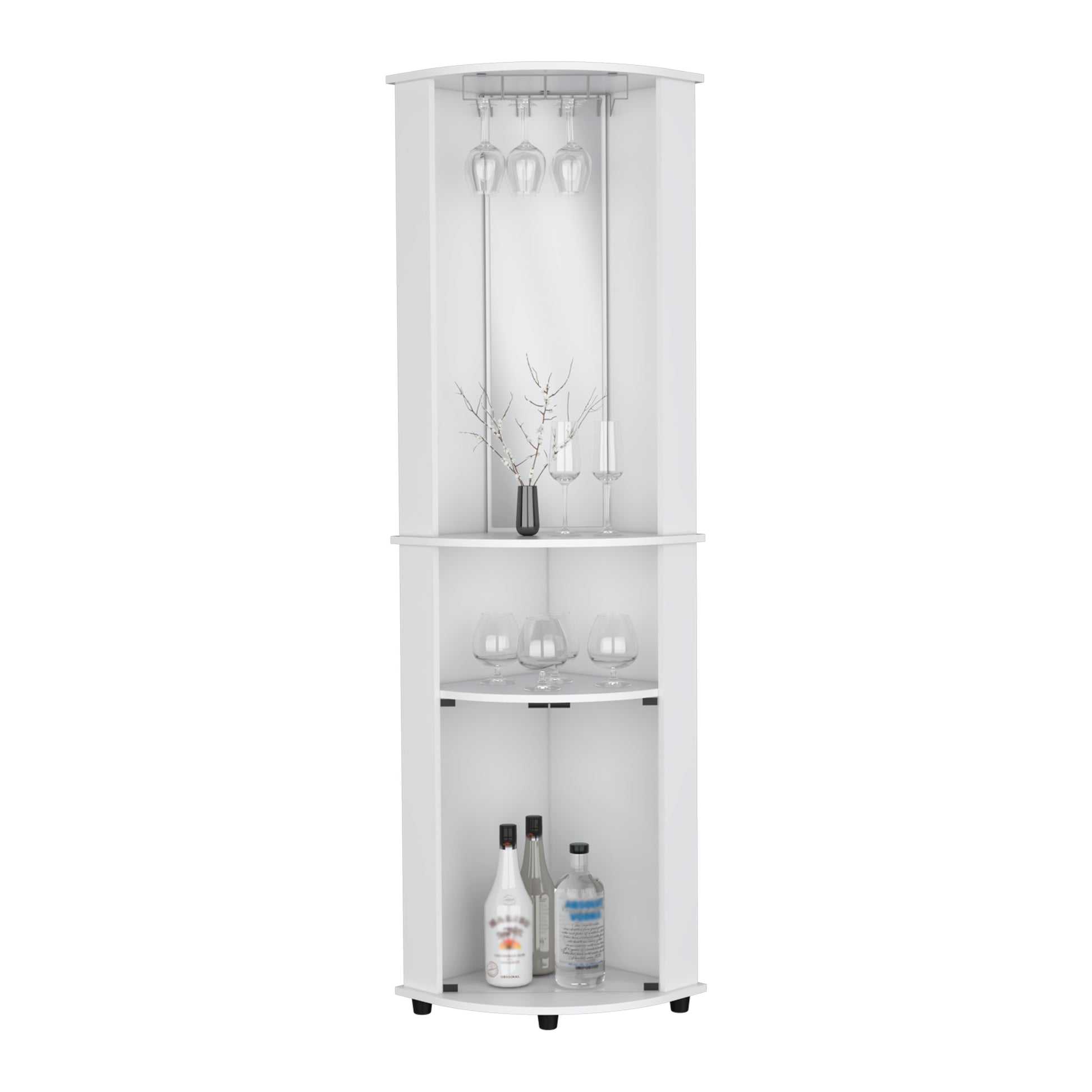 White corner bar cabinet with hanging wine glasses and decorative branches