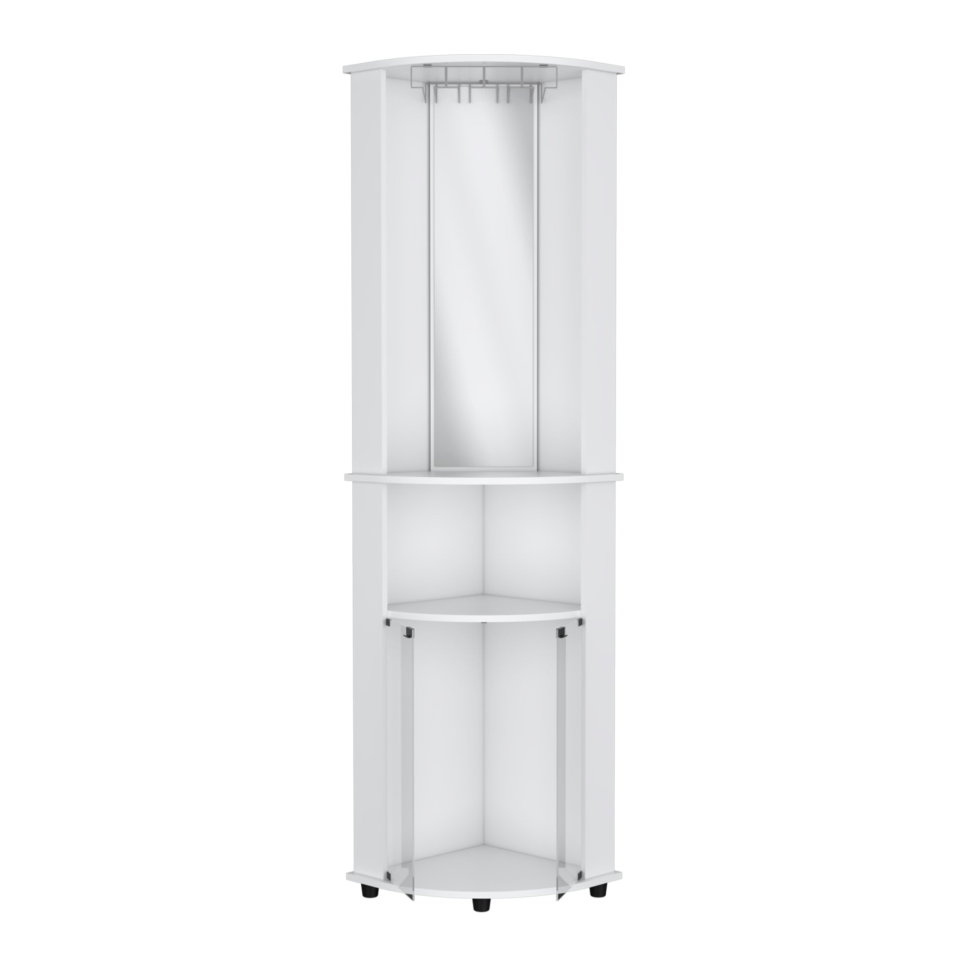 White corner vanity cabinet with mirror and open shelves for makeup storage